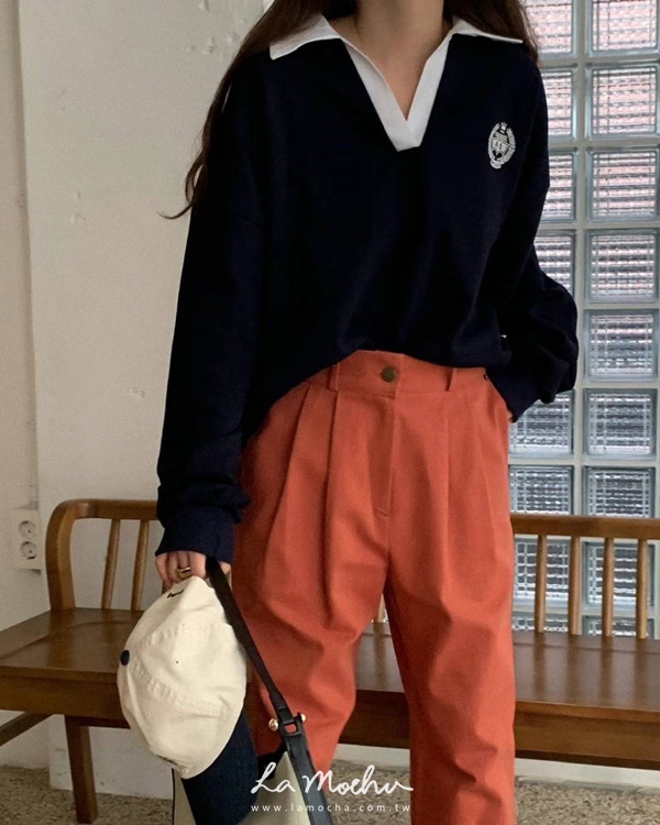 秋色銅釦抓褶直筒褲